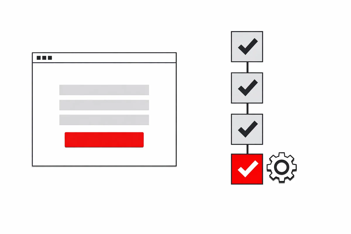 Illustration of an automated test: a sign-up form in a browser next to a pipeline of passed checks