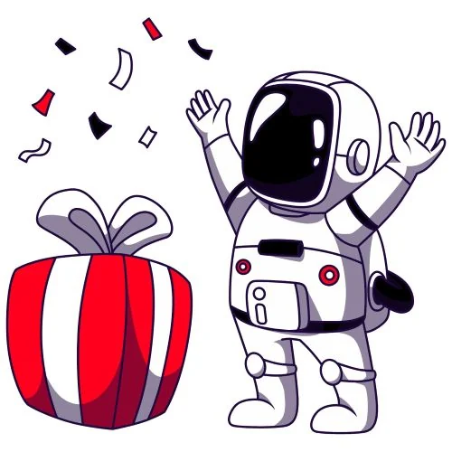 CaptchaAI's astronaut mascot celebrating next to a red and white gift box